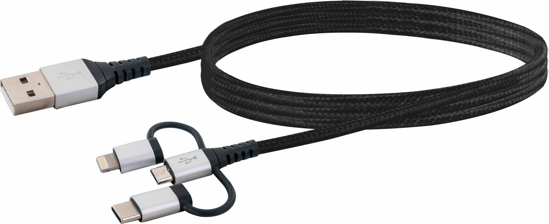 Schwaiger Ladekabel USB 2.0 A>3-in-1 1,5m schwarz/silber - LKU100533