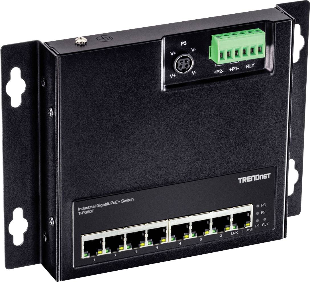 TRENDnet 8-Port Industrial Gigabit PoE+ WallMount Front Acc. - TI-PG80F