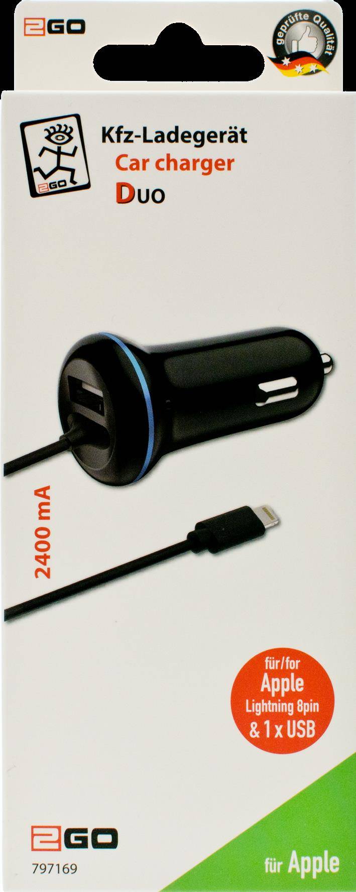 2GO USB-Kfz-Ladegerät 2400mA Lightning + 1x USB 1,4m schwarz