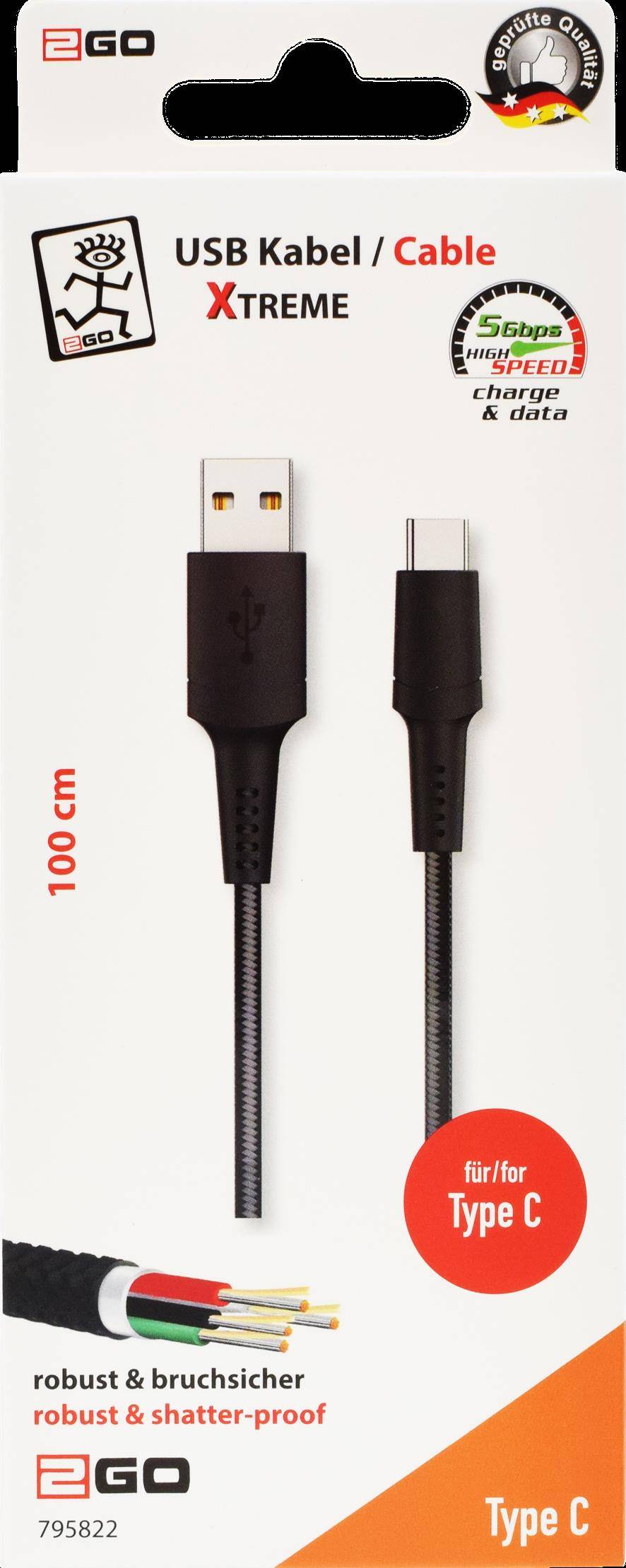 2GO USB Lade-/Datenkabel Xtreme USB Type C 3.1 1m schwarz - 795822