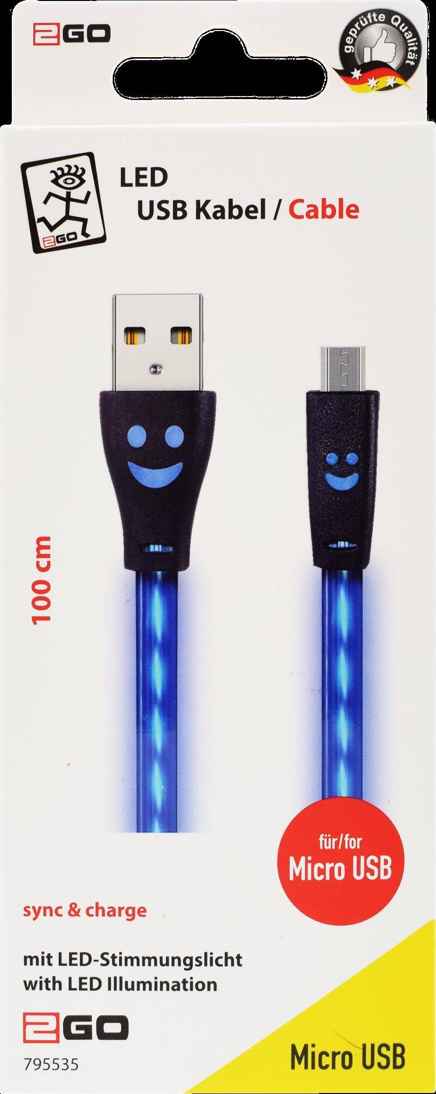 2GO USB Lade-/Datenkabel Micro-USB m.bl.LED-Beleucht. 1m - 795535