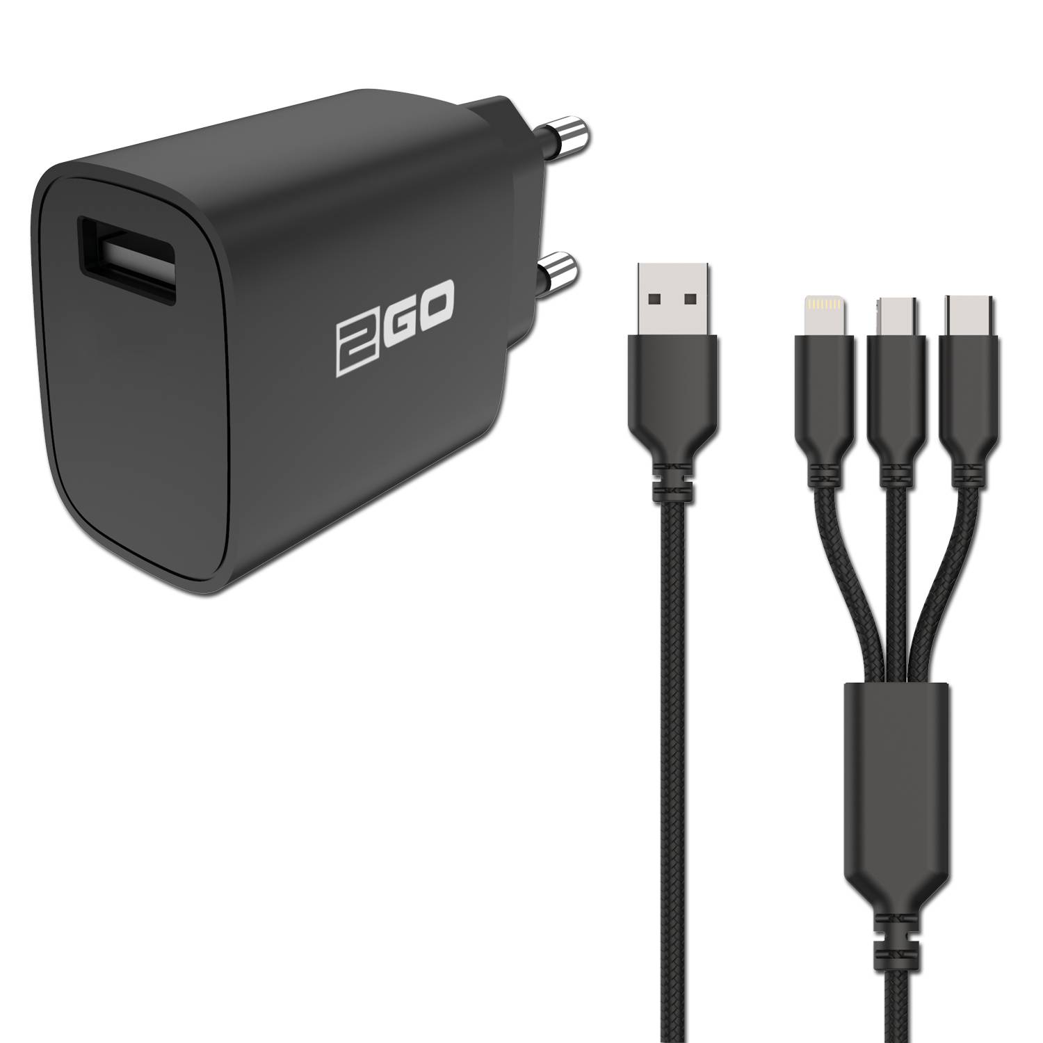 2GO Ladegerät 15W inkl. Kabel 1xUSB-A 1xMicroUSB 1xLightn sw - 797257