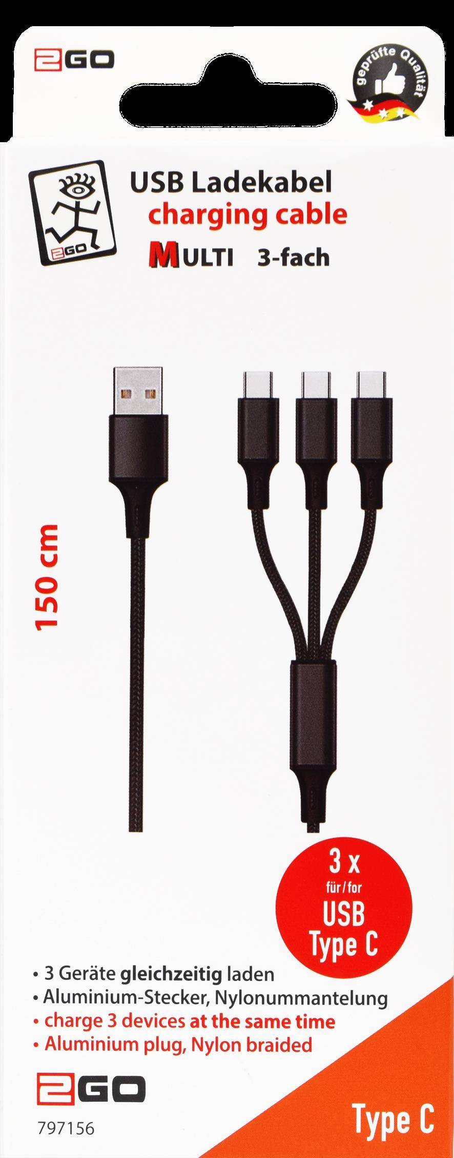 4010425971560 - 3in1 USB Ladekabel USB Type-C Nylon  15m   schwarz