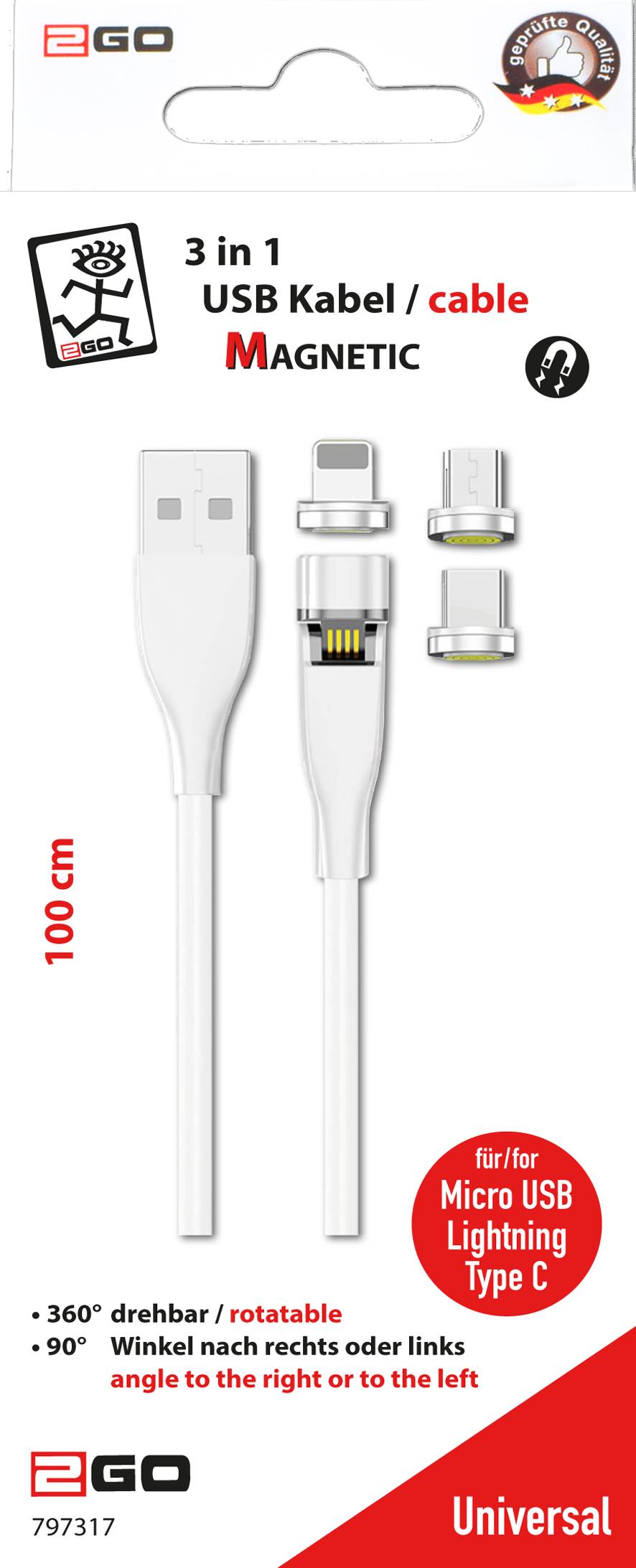 2GO USB 3in1 Magnetic Kabel drehb.Micro-USB,Lightn.,USB-C 1m