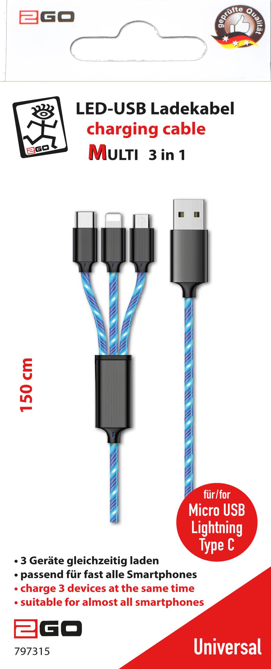 2GO 3in1 USB LED Kabel blau Micro-USB,Lightning,USB-C 1,5m - 797315