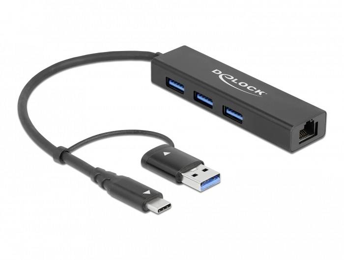 DELOCK 3 Port USB 3.2Gen1 Hub Gigabit LAN USB Typ-C o. Typ-A - 64149