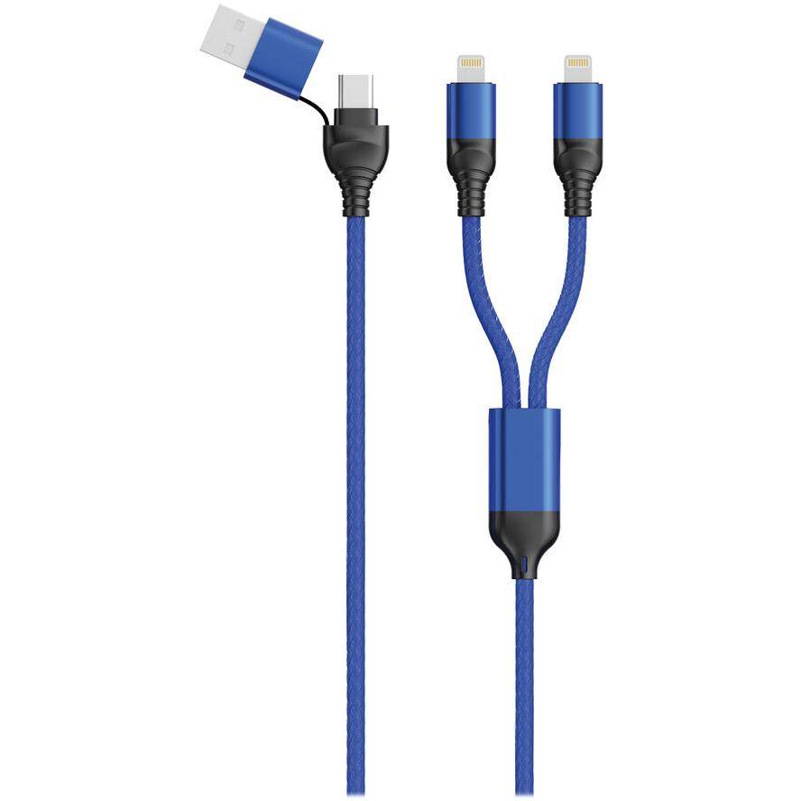 2GO USB / Type C Ladekabel DUO 2x Lightning Nylon 1,2m blau