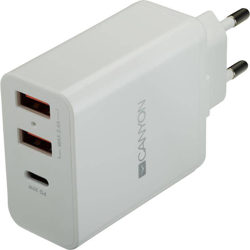 Canyon Wall Charger 2xUSB-A + 1xUSB-C 2.4A/30W PD white retail - CNE-CHA08W