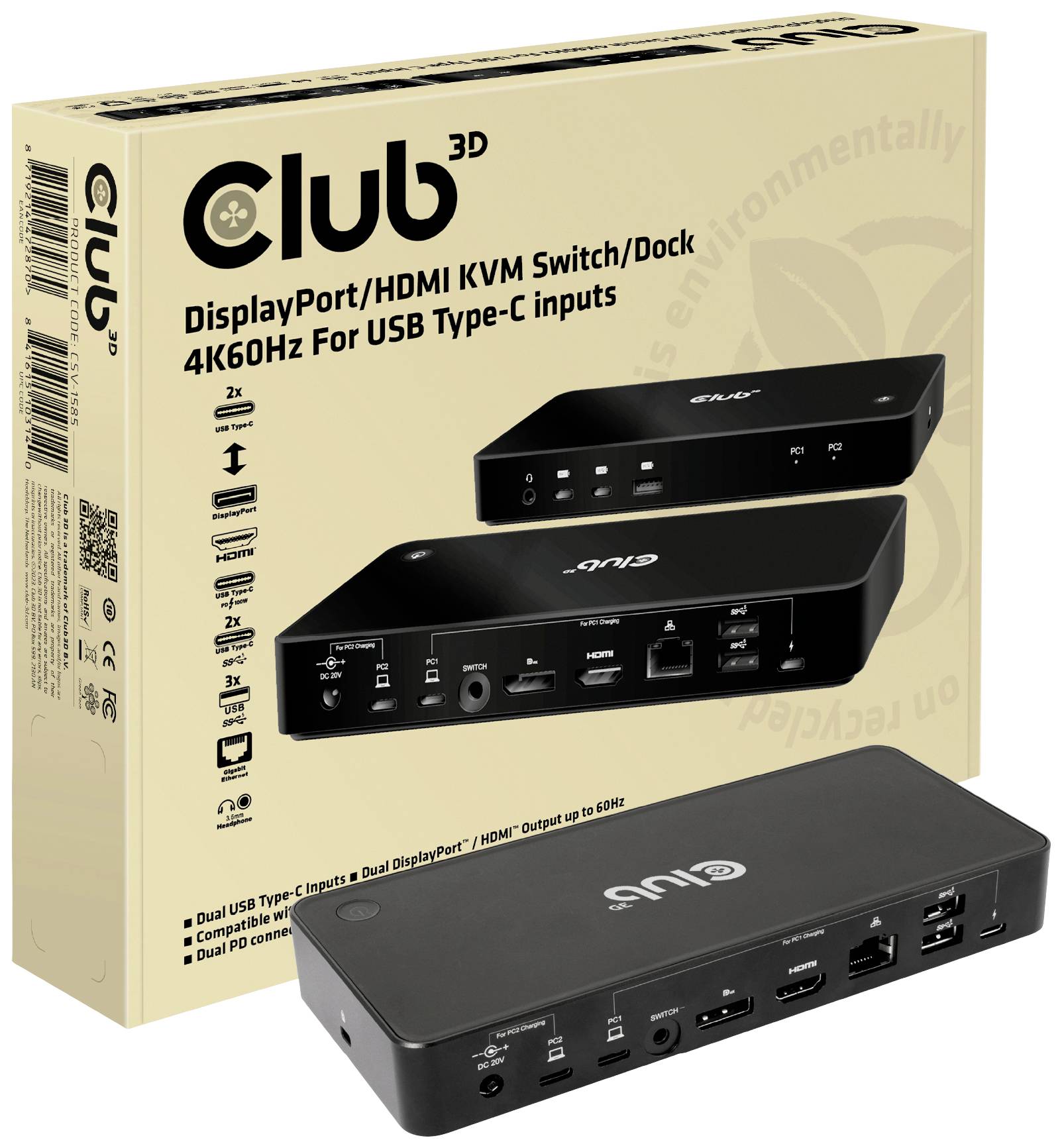 Club3D KVM Switch 4K60Hz 2x USB-C> HDMI/DP/3xUSB/2xUSB-C/LAN retail - CSV-1585