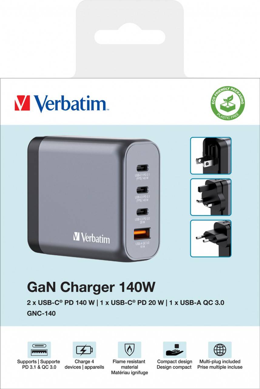 Verbatim GNC-140 GaN Charger 4 Port 140W USB A/C (EU/UK/US) - 32203