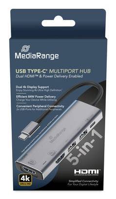 MediaRange HUB USB-C 5 in 1 Multiport Adapter, silber - MRCS511