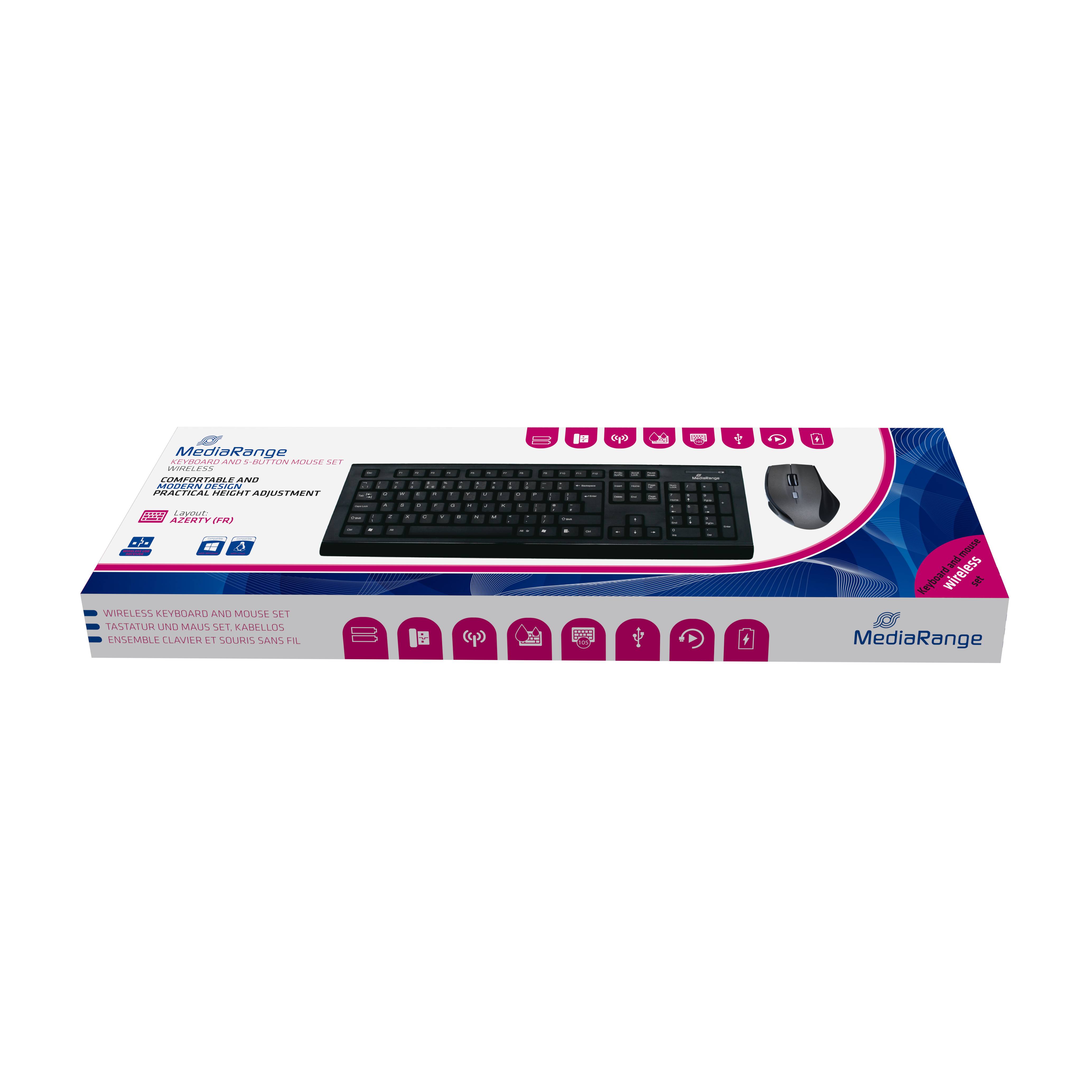 MediaRange Tastatur-Set + optis. 5 Tasten Funk-Maus (FR) sw - MROS104-FR